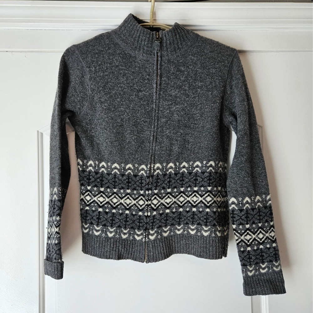 Gray Lambswool Cardigan Sweater Full Zip Size S 6-8 NorthCrest Faire Isle Nordic